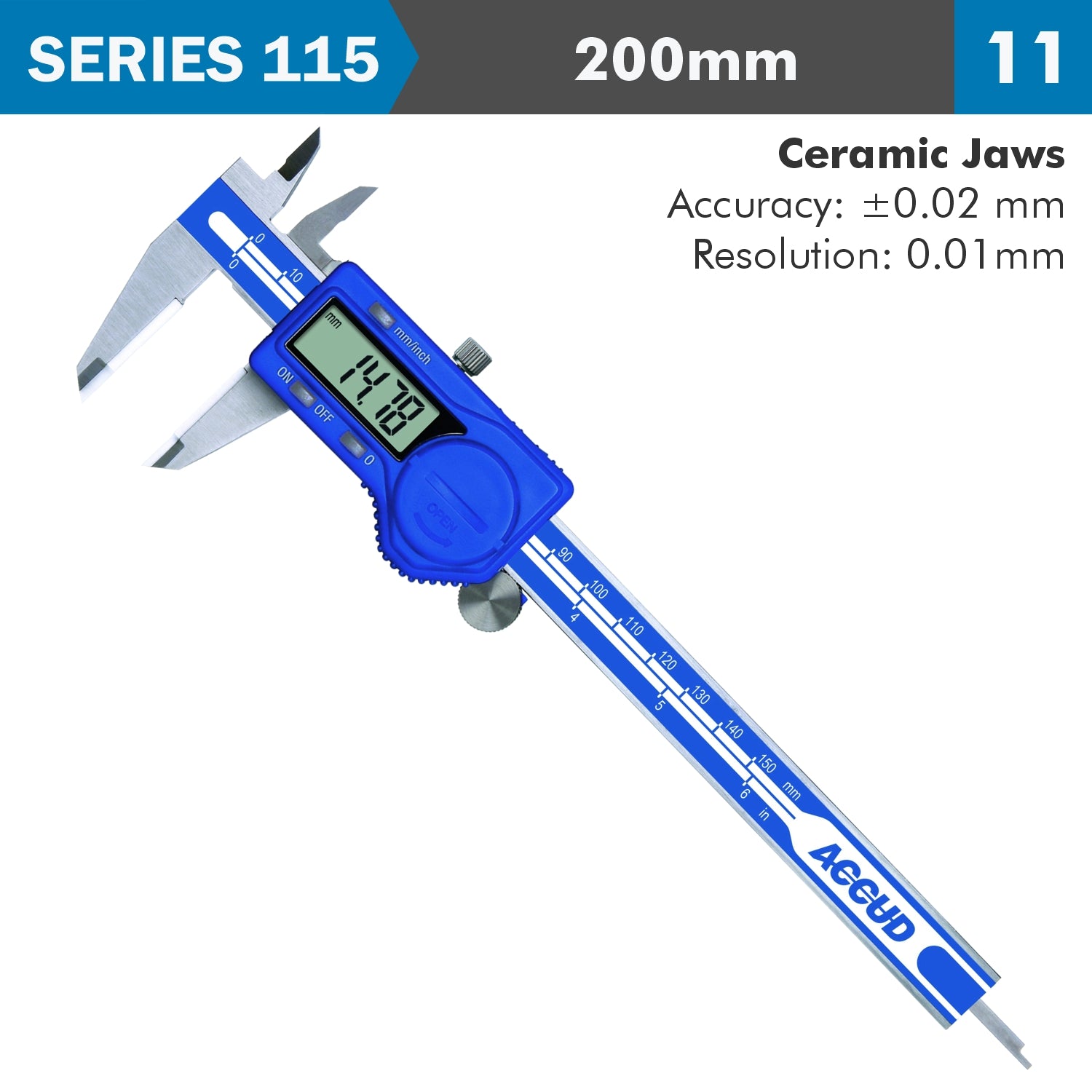 Dig. Caliper 200 Mm 0.02 Mm Acc. Ceram. Jaws S/Steel 0.01 Mm Res.