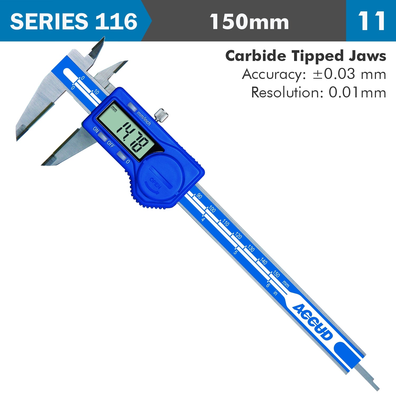 Dig. Caliper 150 Mm 0.03 Mm Acc. Tct Jaws S/Steel 0.01 Mm Res.