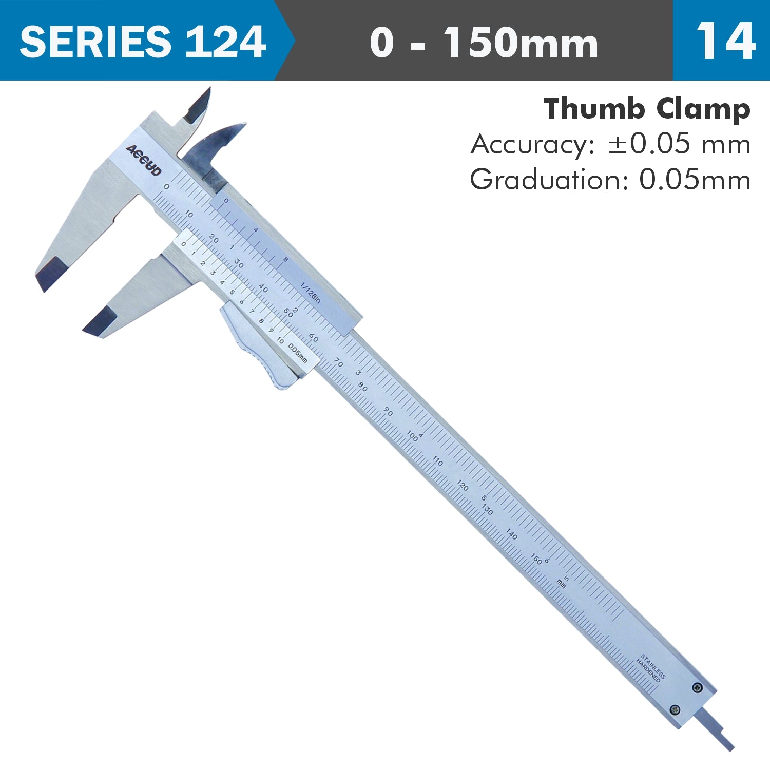 Vernier Caliper 150 Mm Auto Thumb Clamp 0.05 Mm Acc. 0.05 Mm Grad. S/Stee