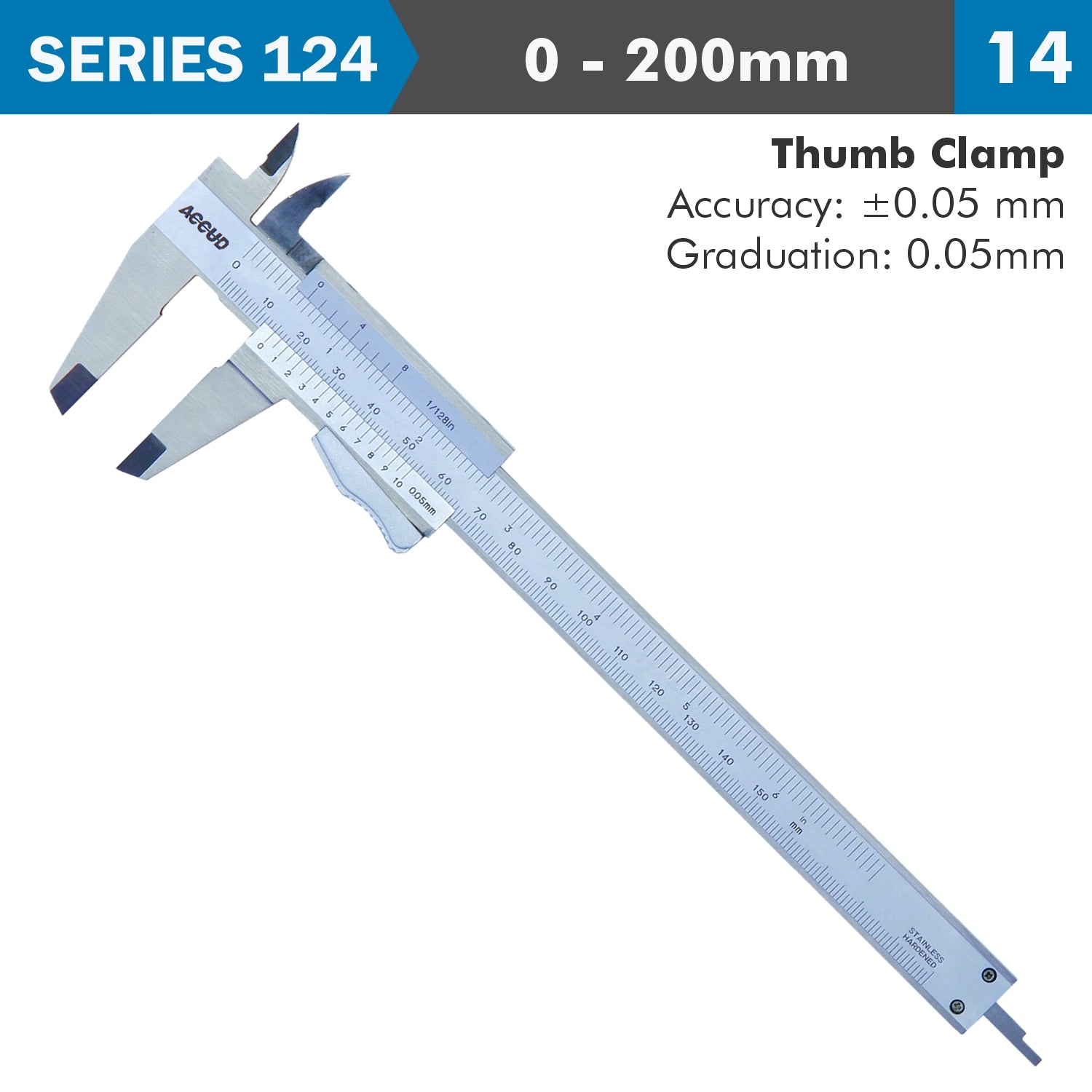 Vernier Caliper 200 Mm Auto Thumb Clamp 0.05 Mm Acc. 0.05 Mm Grad. S/Stee