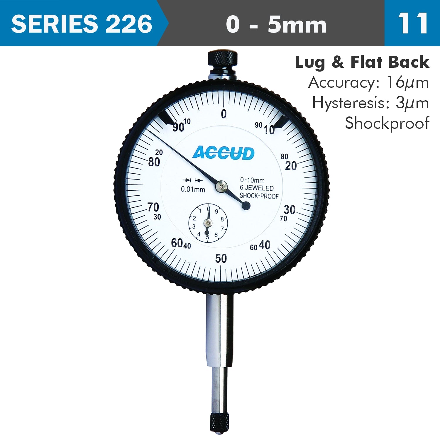 Dial Indicator 5 Mm Shockproof 0.01 Mm Grad. Lug&Flat Back