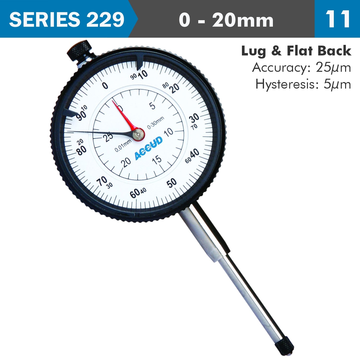 Dial Indicator 20 Mm 0.01 Mm Grad. Lug&Flat Back