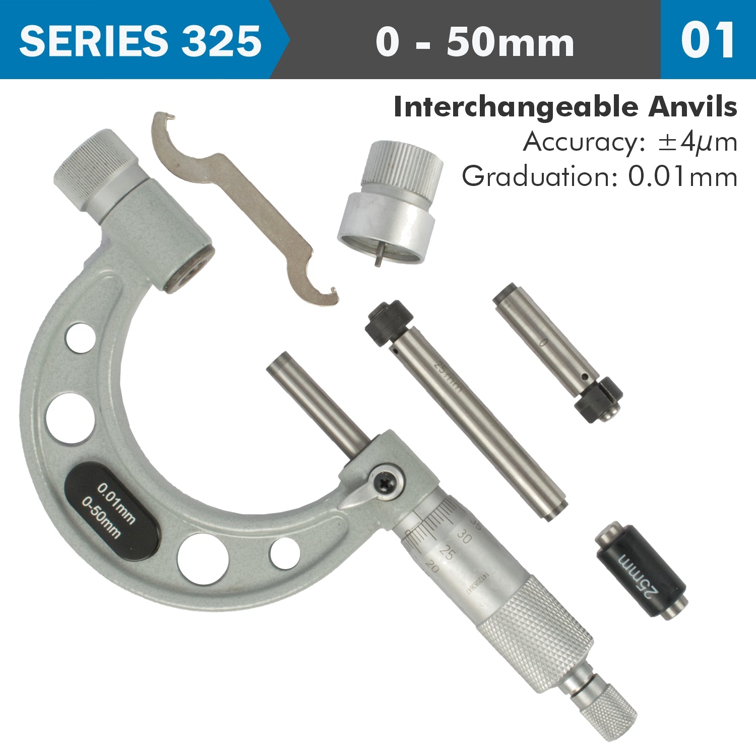 Outside Micrometer 50 Mm 0.004 Mm Acc. 0.01 Mm Grad. With Interch. Anvils