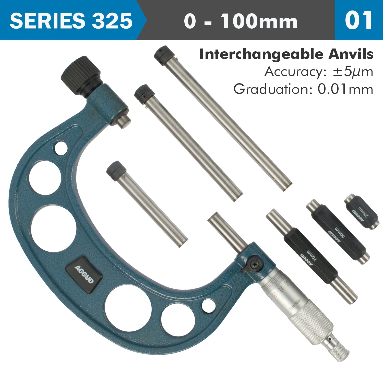 Outside Micrometer 100 Mm 0.004 Mm Acc. 0.01 Mm Grad. With Interch. Anvil