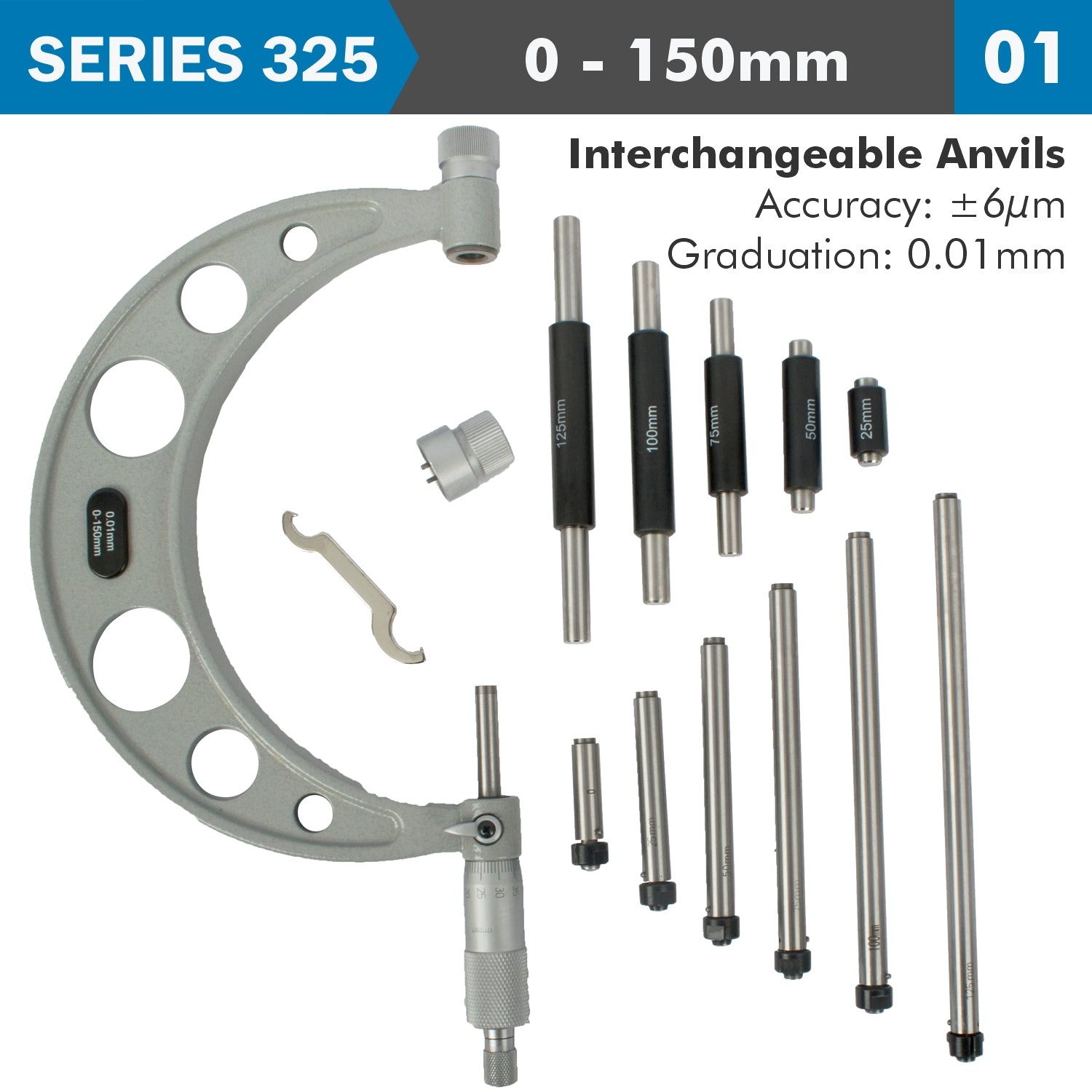 Outside Micrometer 150 Mm 0.004 Mm Acc. 0.01 Mm Grad. With Interch. Anvil