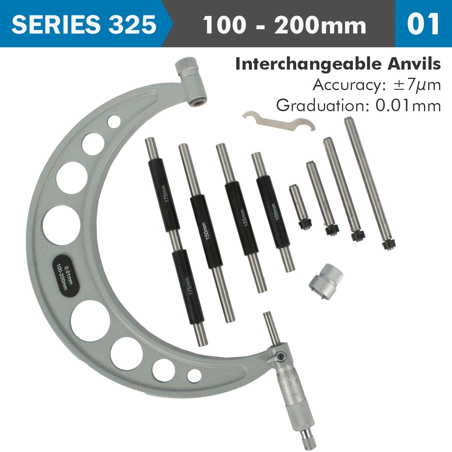 Outside Micrometer 100 200 Mm 0.004 Mm Acc. 0.01 Mm Grad. With Interch. A