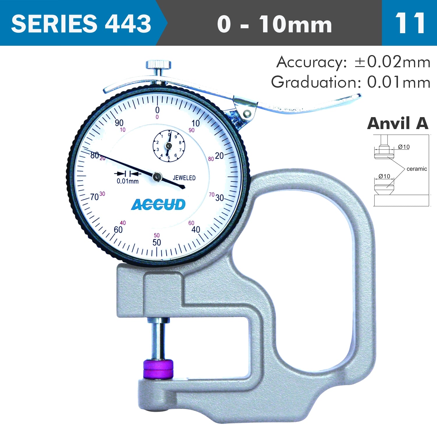 Thickness Gauge 10 Mm 0.02 Mm Acc. Ceramic Anvil 0.01 Mm Grad.