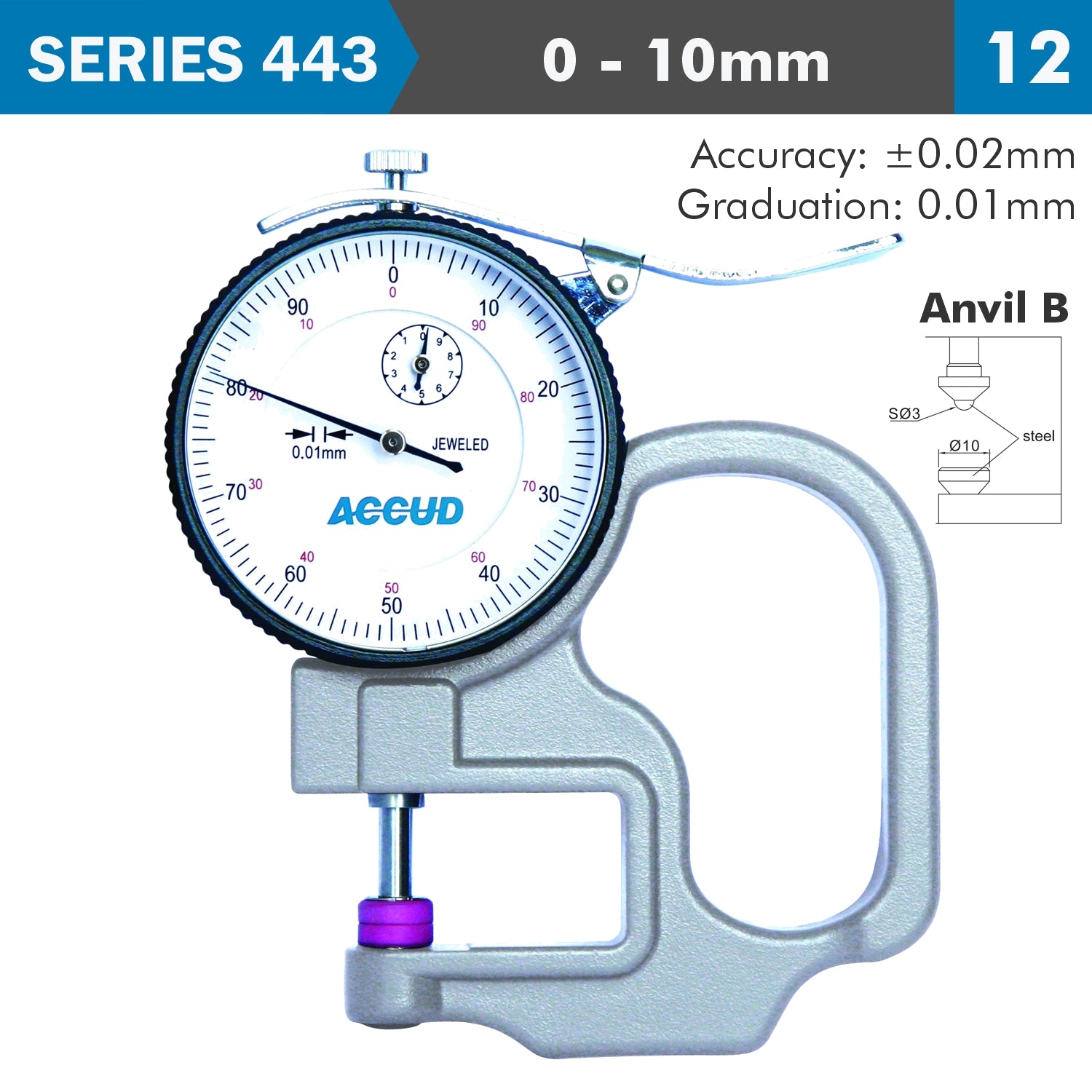 Thickness Gauge 10 Mm 0.02 Mm Acc. Steel Anvil 0.01 Mm Grad.