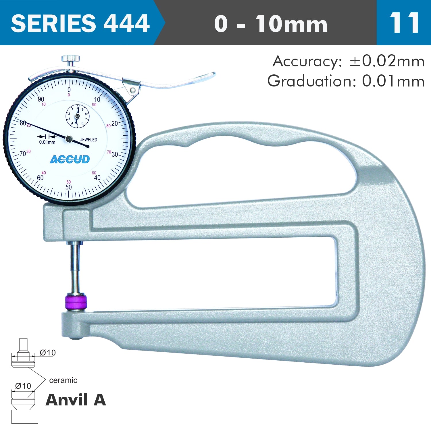 Thickness Gauge 10 Mm 0.02 Mm Acc. Large Depth Ceramic Anvil 0.01 Mm Grad