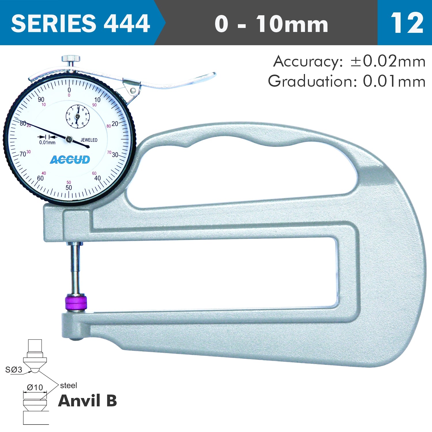 Thickness Gauge 10 Mm 0.02 Mm Acc. Large Depth Steel Anvil 0.01 Mm Grad.