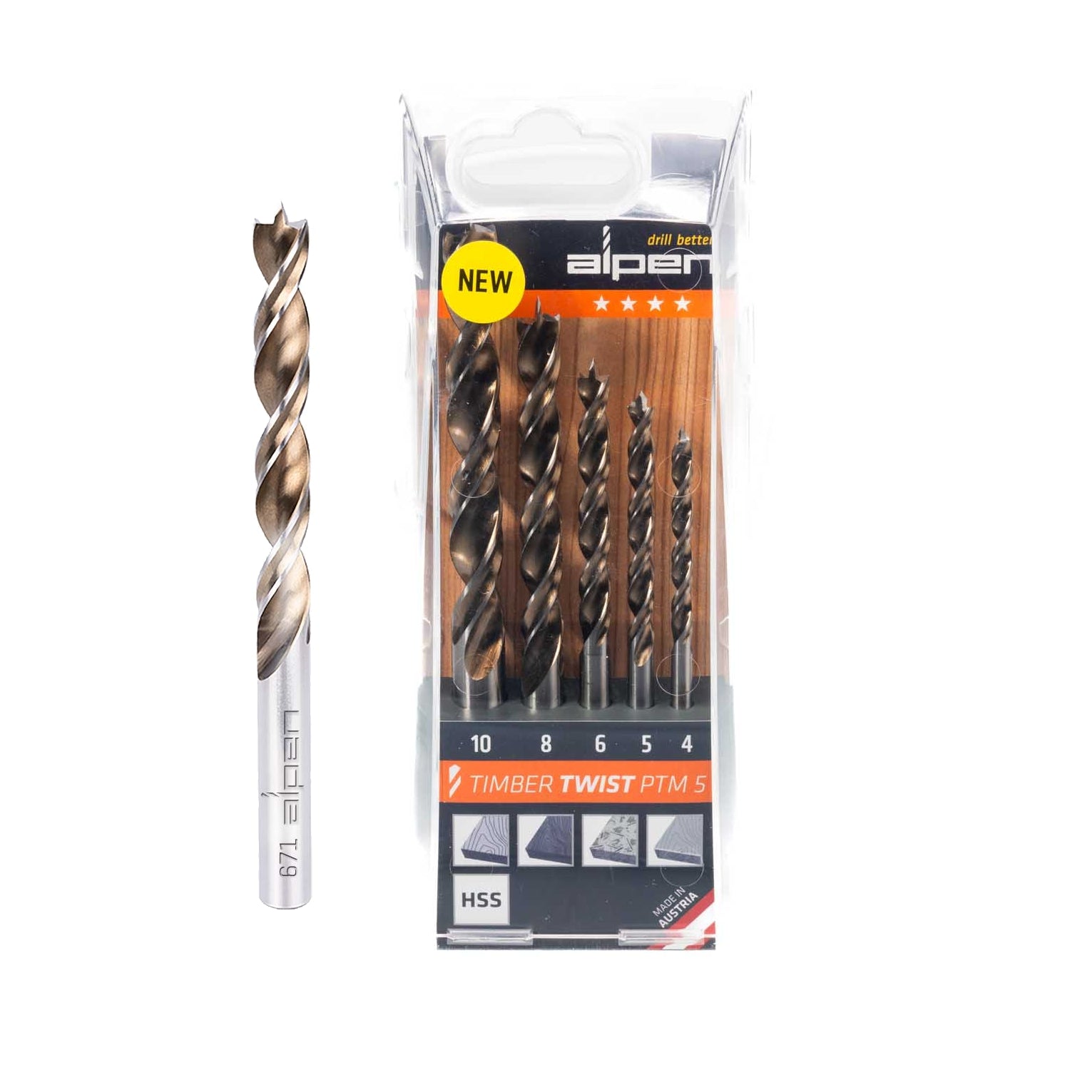 Timber Twist Drill Bit Set Ptm5 5 4, 5, 6, 8, 10.0 Mm