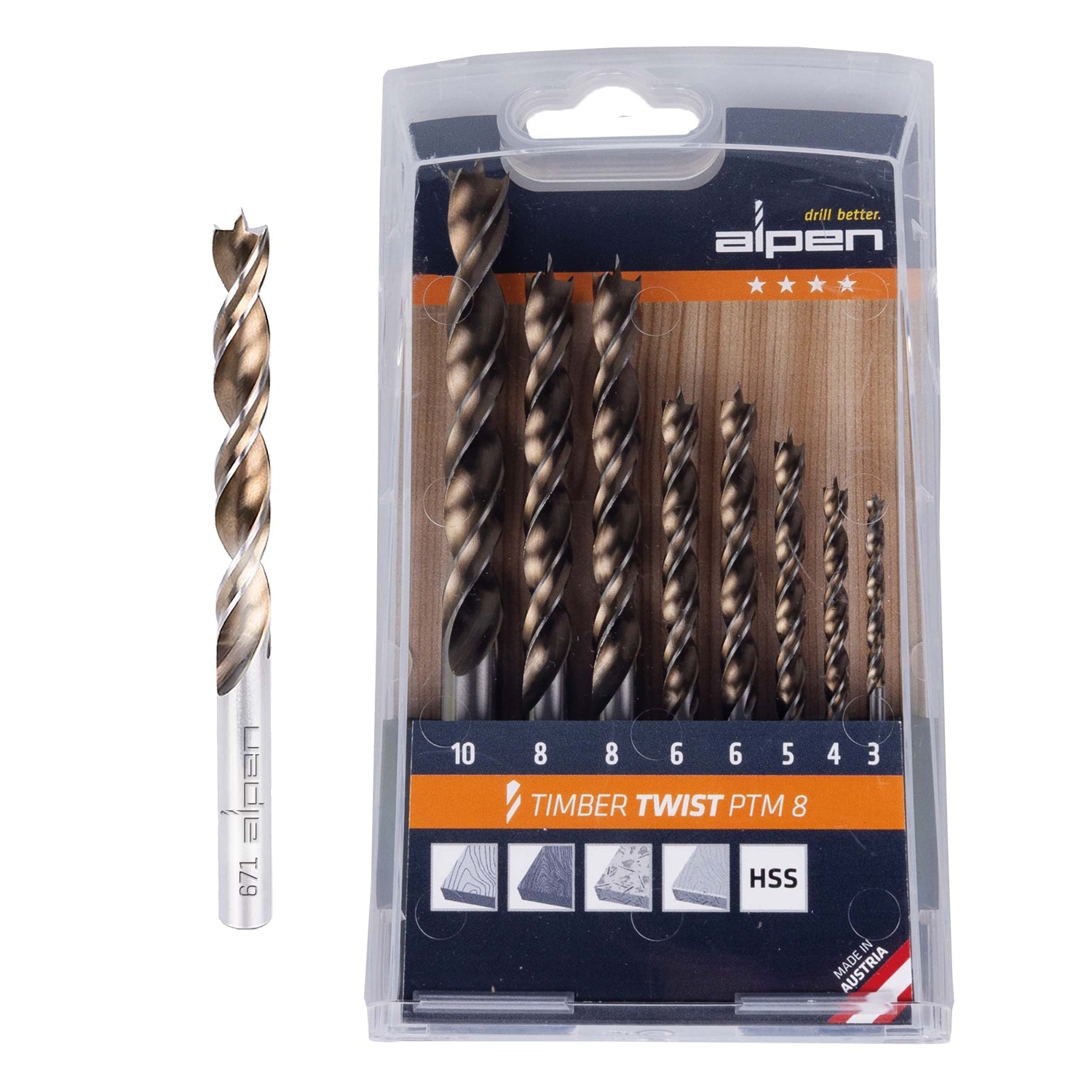 Timber Twist Drill Bit Set Ptm8 8 3, 4, 5, 10.0 Mm, X2 6, 8.0 Mm