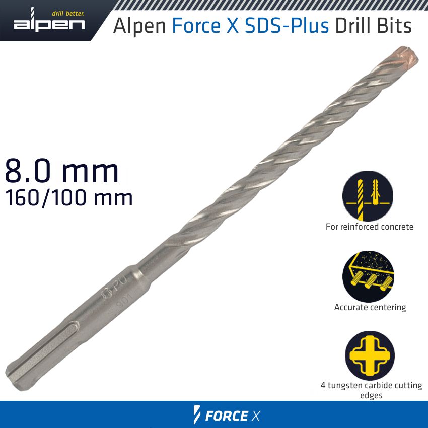 Force X 8.0 X 160/100 Sds Plus Drill Bit X4 Cutting Edges Bulk