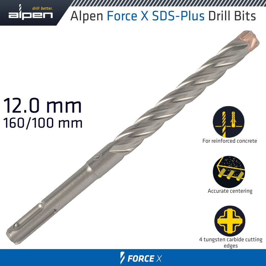 Force X 12.0 X160/100 Sds Plus Drill Bit X4 Cutting Edges Bulk