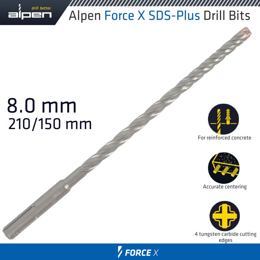 Force X 8.0 X 210/150 Sds Plus Drill Bit X4 Cutting Edges Bulk