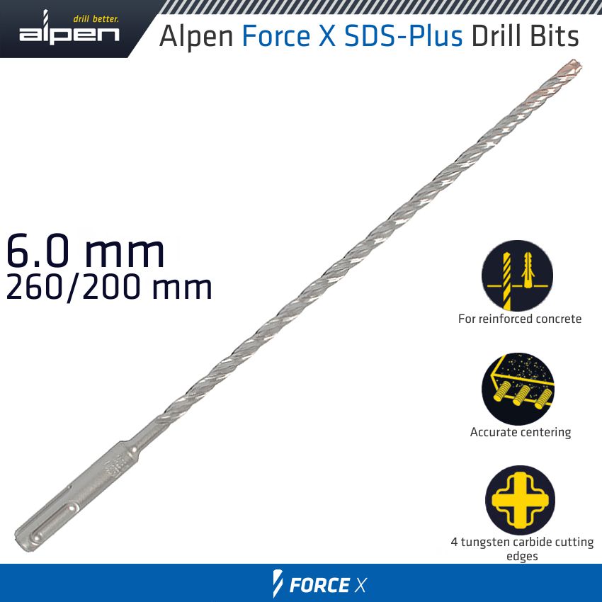 Force X 6.0 X 260/200 Sds Plus Drill Bit X4 Cutting Edges Bulk