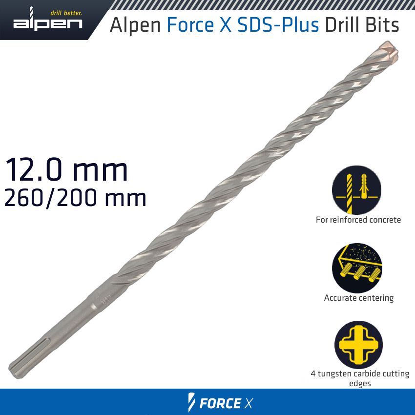 Force X 12.0 X 260/200 Sds Plus Drill Bit X4 Cutting Edges Bulk