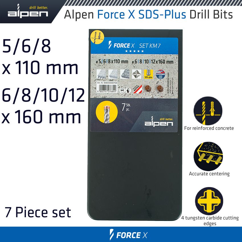 Force X Sds Plus Set Km7 7 Pcs. 5.0/ 6.0/ 8.0 Mm X 110 And 6.0/ 8.0/ 1