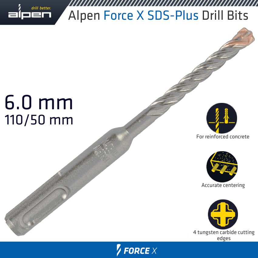 Force X 6.0 X 110/050 Sds Plus Drill Bit X4 Cutting Edges