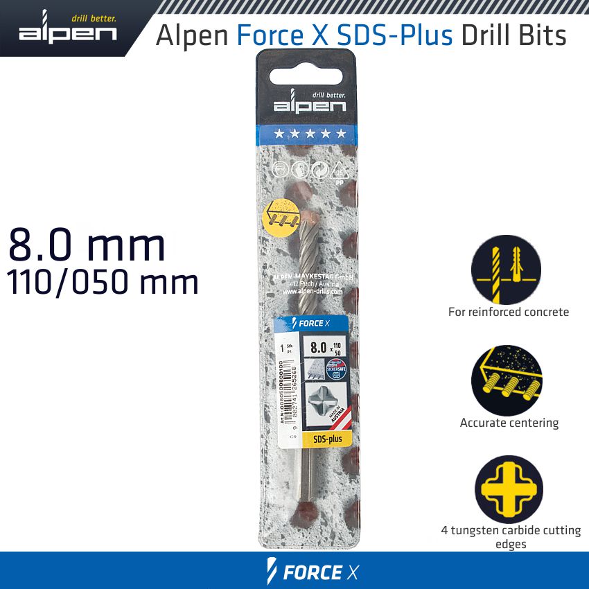 Force X 8.0 X 110/050 Sds Plus Drill Bit X4 Cutting Edges