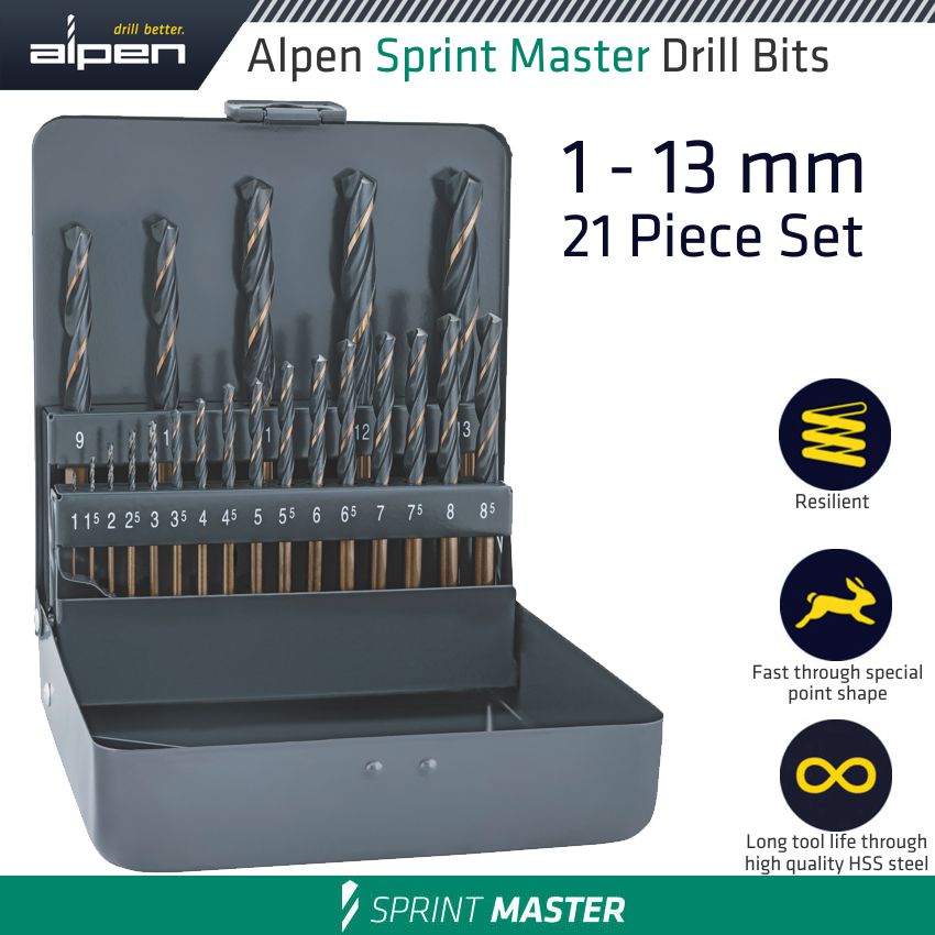 Alpen Sprint Master 21 Pce Set Km21 1 8.5 X 0.5 9 13 X 1 Mm Metal Box