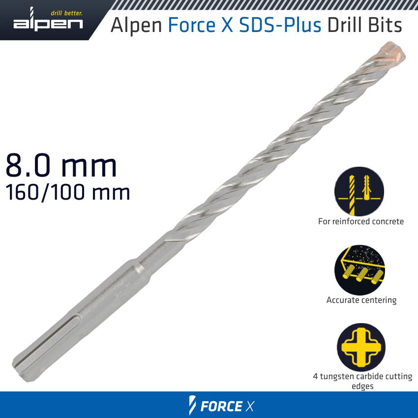 Force X 8.0 X 160/100 Sds Plus Drill Bit X4 Cutting Edges