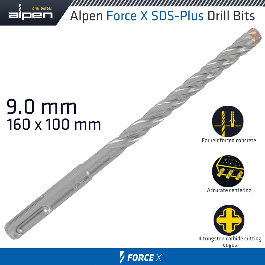 Force X 9.0 X 160/100 Sds Plus Drill Bit X4 Cutting Edges