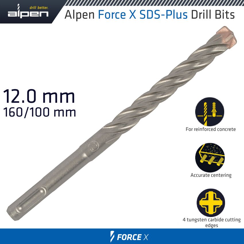 Force X 12.0 X 160/100 Sds Plus Drill Bit X4 Cutting Edges