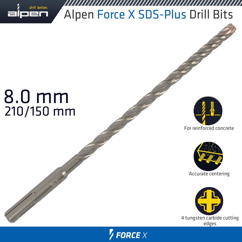 Force X 8.0 X 210/150 Sds Plus Drill Bit X4 Cutting Edges