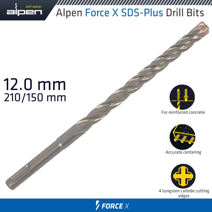 Force X 12.0 X 210/150 Sds Plus Drill Bit X4 Cutting Edges