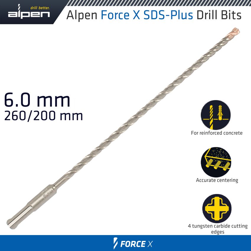 Force X 6.0 X 260/200 Sds Plus Drill Bit X4 Cutting Edges