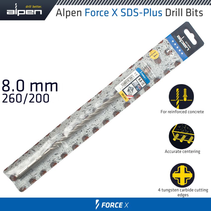 Force X 8.0 X 260/200 Sds Plus Drill Bit X4 Cutting Edges