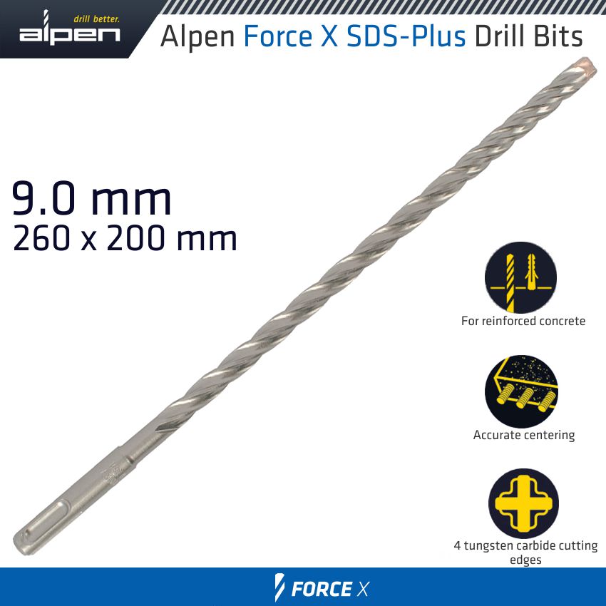 Force X 9.0 X 260/200 Sds Plus Drill Bit X4 Cutting Edges