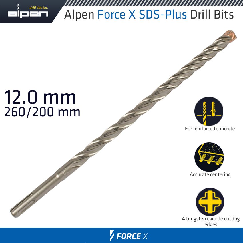 Force X 12.0 X 260/200 Sds Plus Drill Bit X4 Cutting Edges