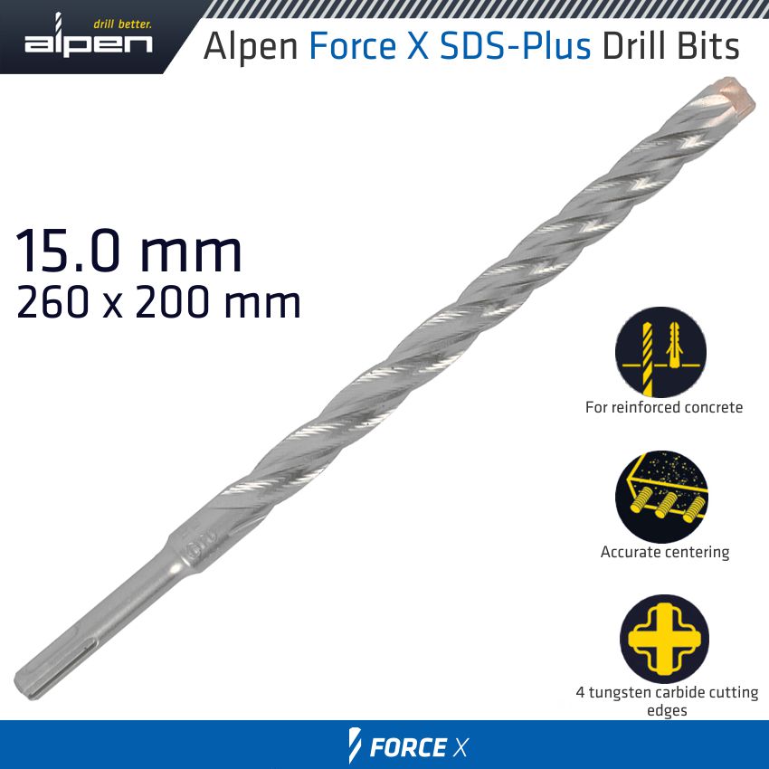 Force X 15.0 X 260/200 Sds Plus Drill Bit X4 Cutting Edges