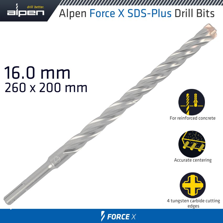 Force X 16.0 X 260/200 Sds Plus Drill Bit X4 Cutting Edges