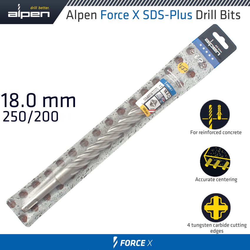 Force X 18.0 X 250/200 Sds Plus Drill Bit X4 Cutting Edges