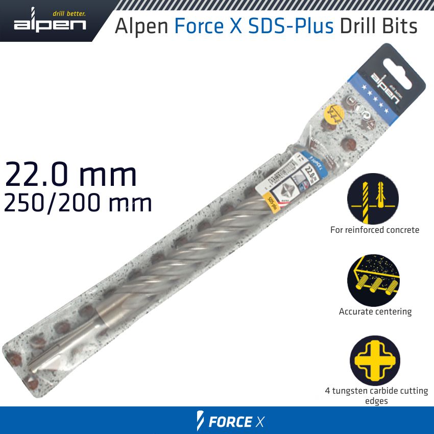 Force X 22.0 X 250/200 Sds Plus Drill Bit X4 Cutting Edges