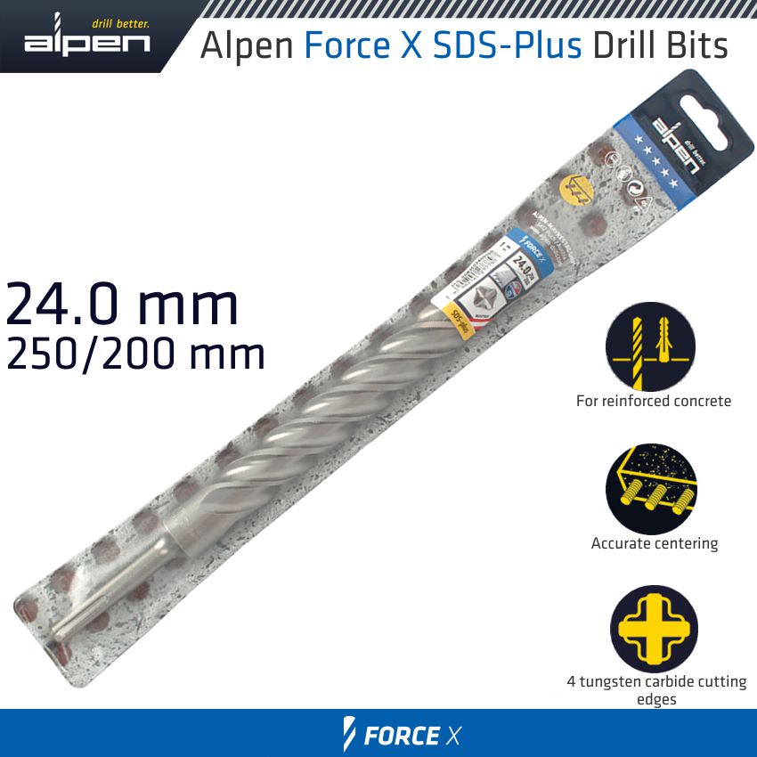 Force X 24.0 X 250/200 Sds Plus Drill Bit X4 Cutting Edges