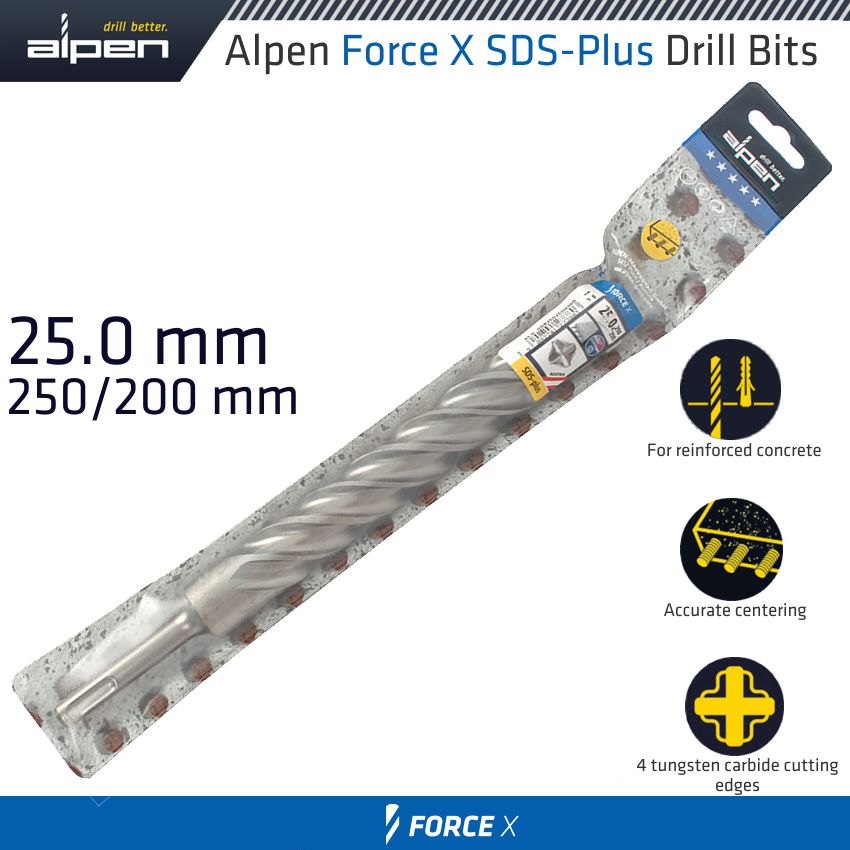 Force X 25.0 X 250/200 Sds Plus Drill Bit X4 Cutting Edges