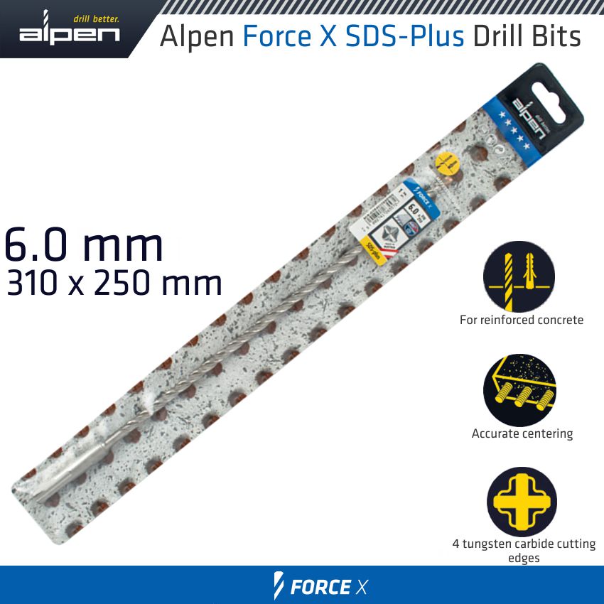 Force X 6.0 X 310/250 Sds Plus Drill Bit X4 Cutting Edges