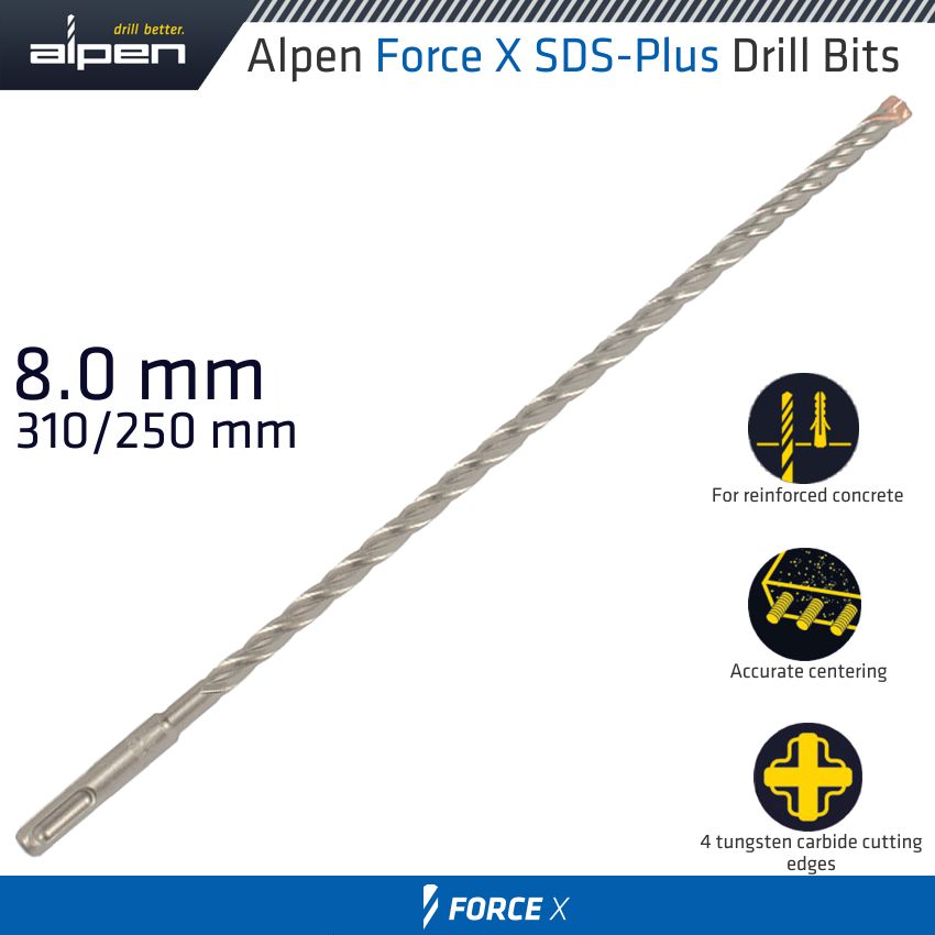 Force X 8.0 X 310/250 Sds Plus Drill Bit X4 Cutting Edges