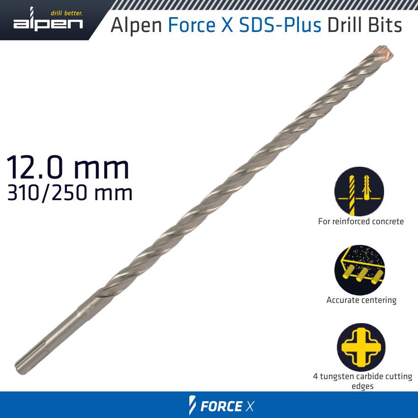 Force X 12.0 X 310/250 Sds Plus Drill Bit X4 Cutting Edges