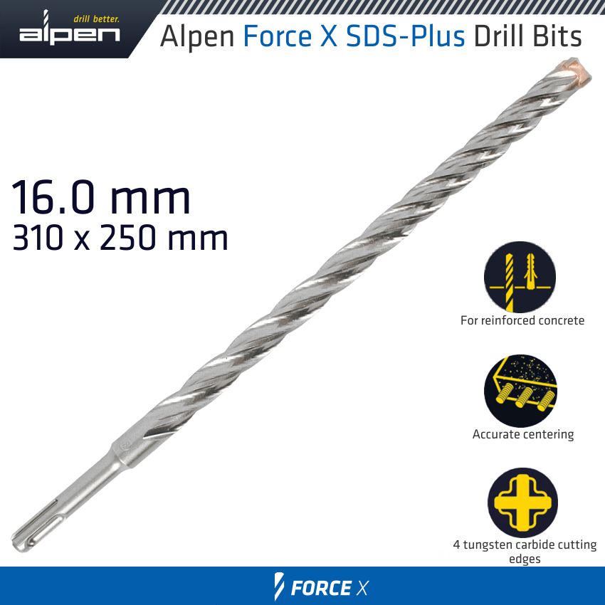 Force X 16.0 X 310/250 Sds Plus Drill Bit X4 Cutting Edges