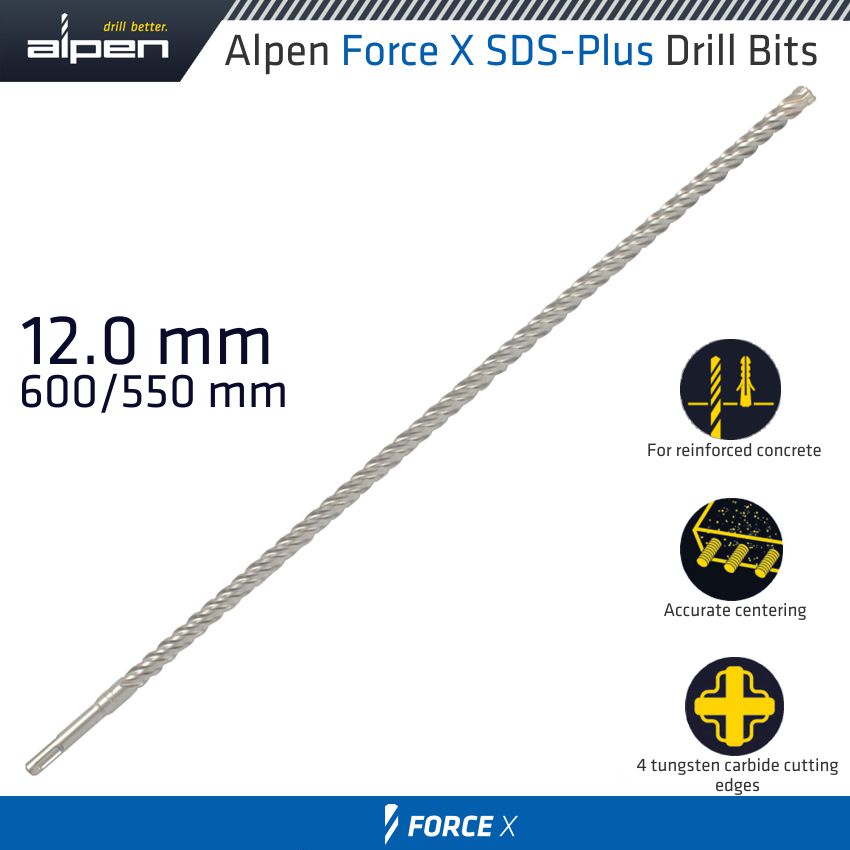 Force X 12.0 X 600/550 Sds Plus Drill Bit X4 Cutting Edges