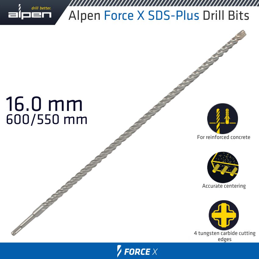 Force X 16.0 X 600/550 Sds Plus Drill Bit X4 Cutting Edges