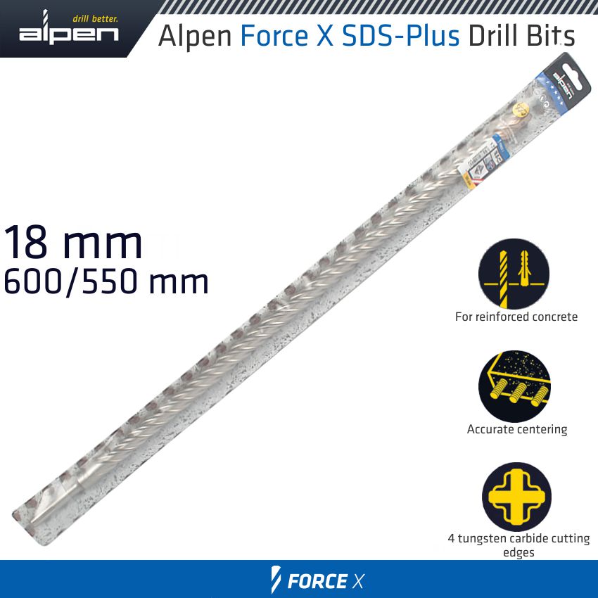 Force X 18.0 X 600/550 Sds Plus Drill Bit X4 Cutting Edges