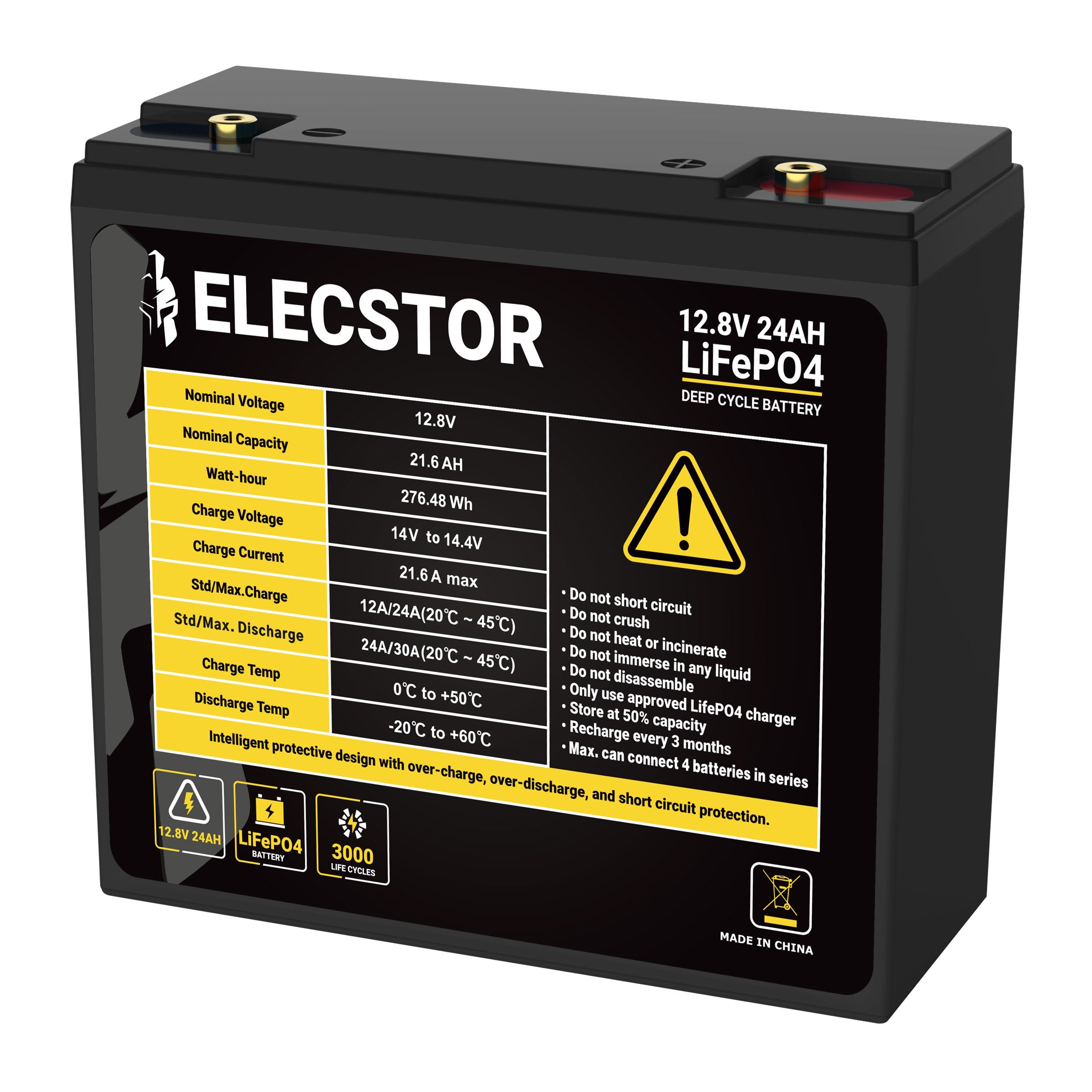 ELE-12V24ABT - ELECSTOR 12V 24A LIFEPO4 Battery 3000 CYCLES - TRANSPARENT BACKGROUND