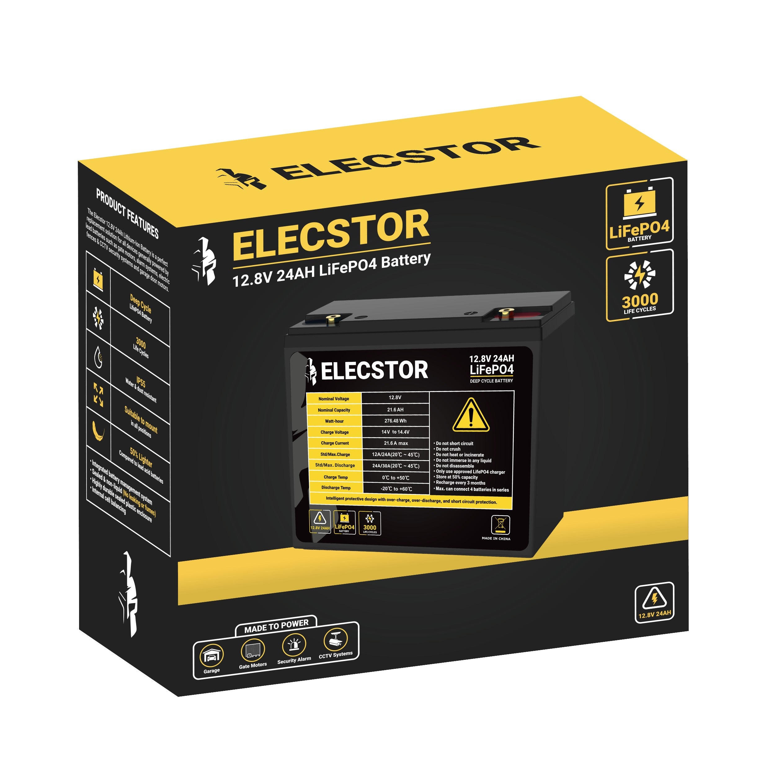 ELE-12V24ABT - ELECSTOR 12V 24A LIFEPO4 Battery 3000 CYCLES - TRANSPARENT BACKGROUND