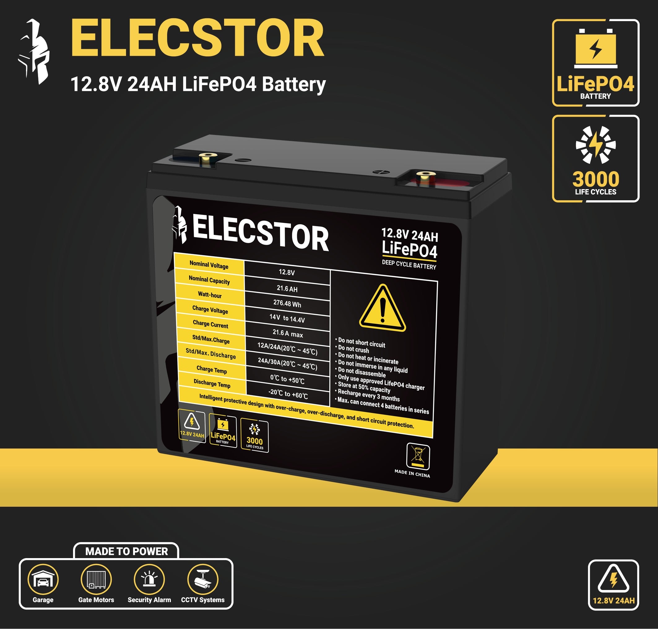 ELE-12V24ABT - ELECSTOR 12V 24A LIFEPO4 Battery 3000 CYCLES